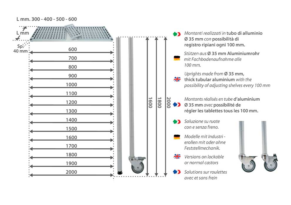 Scaffali in acciaio - Dimensioni disponibili Scaffali in acciaio - Dimensioni disponibili